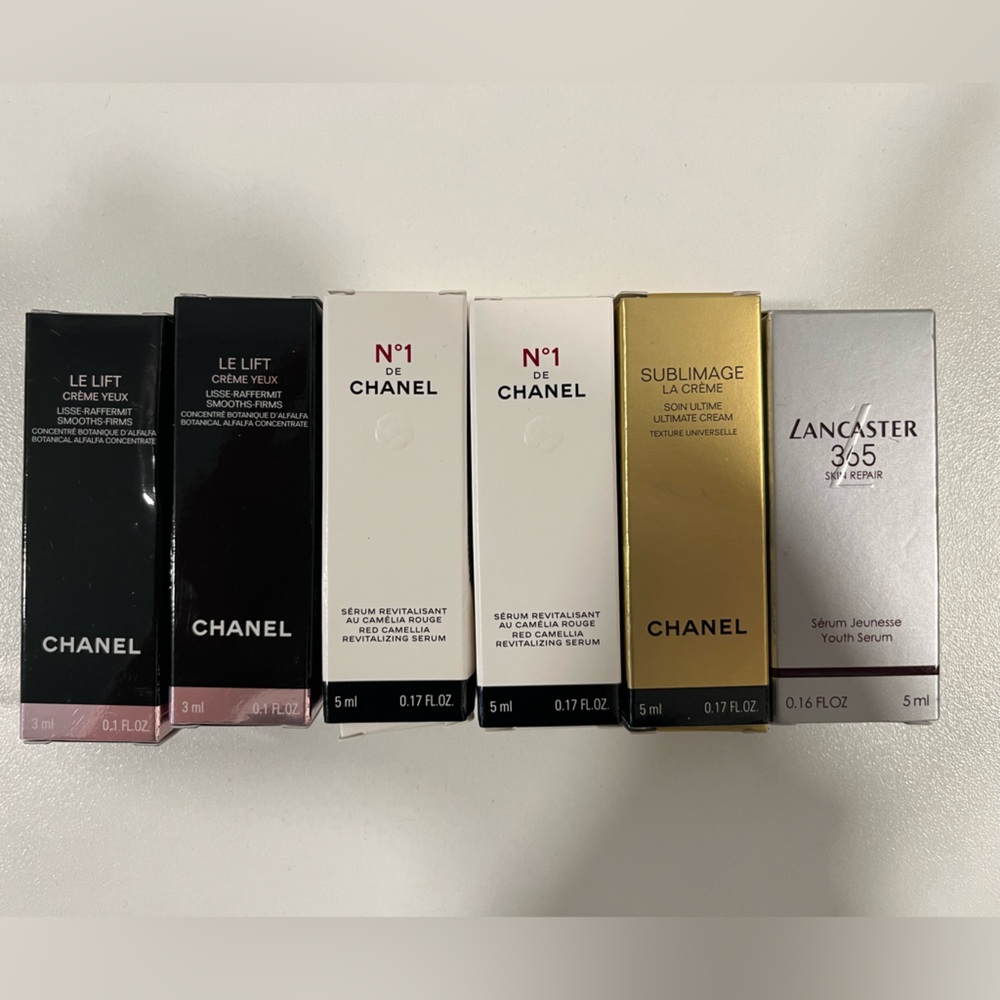 5 Chanel, 1 Lancôme skincare samples. New